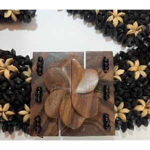 Womens Belt Wooden Bead Stretch Floral Boho Buckle Black Brown 28 X2.5" Artisan